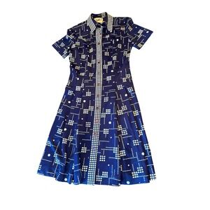The Stroller Dress Navy Geometric Grid Dot Vintage 70s Shirt Dress Button Up
